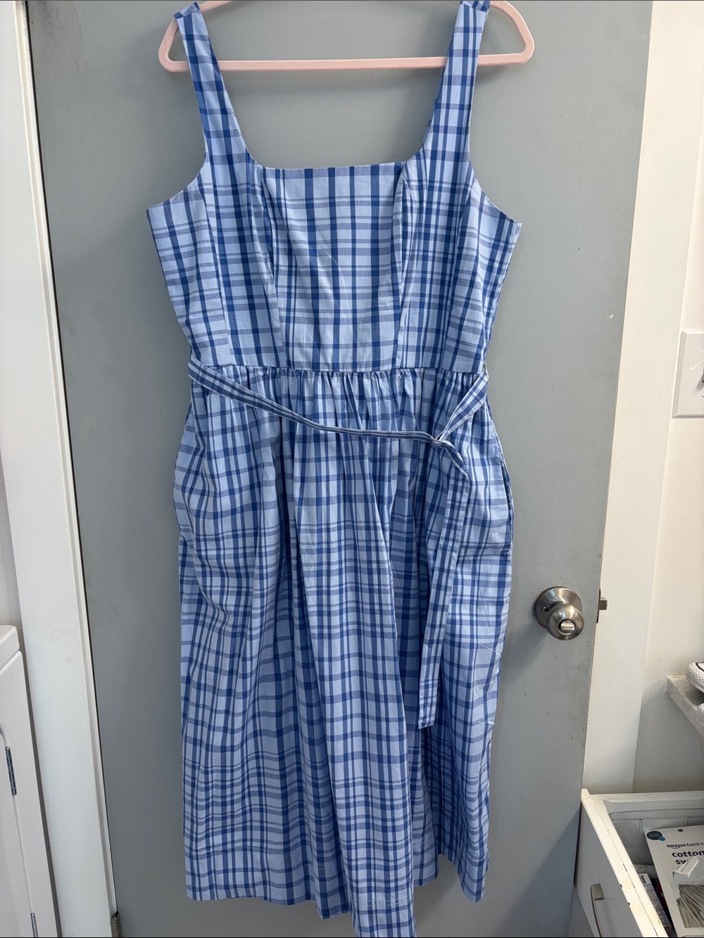 Free Assembly Blue Plaid Midi Dress with Tie Waist